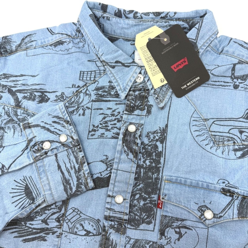 Levis The Western Standard Fit Mens XL Light Blue Beach Surf Snap Shirt NEW